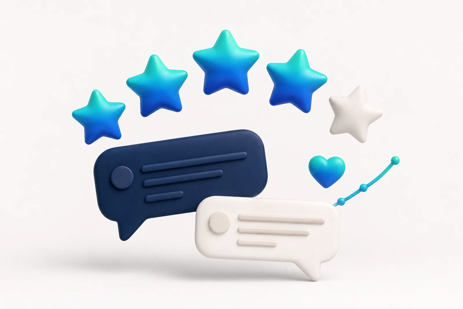 3D illustration of five floating stars above speech bubble cards representing review replies